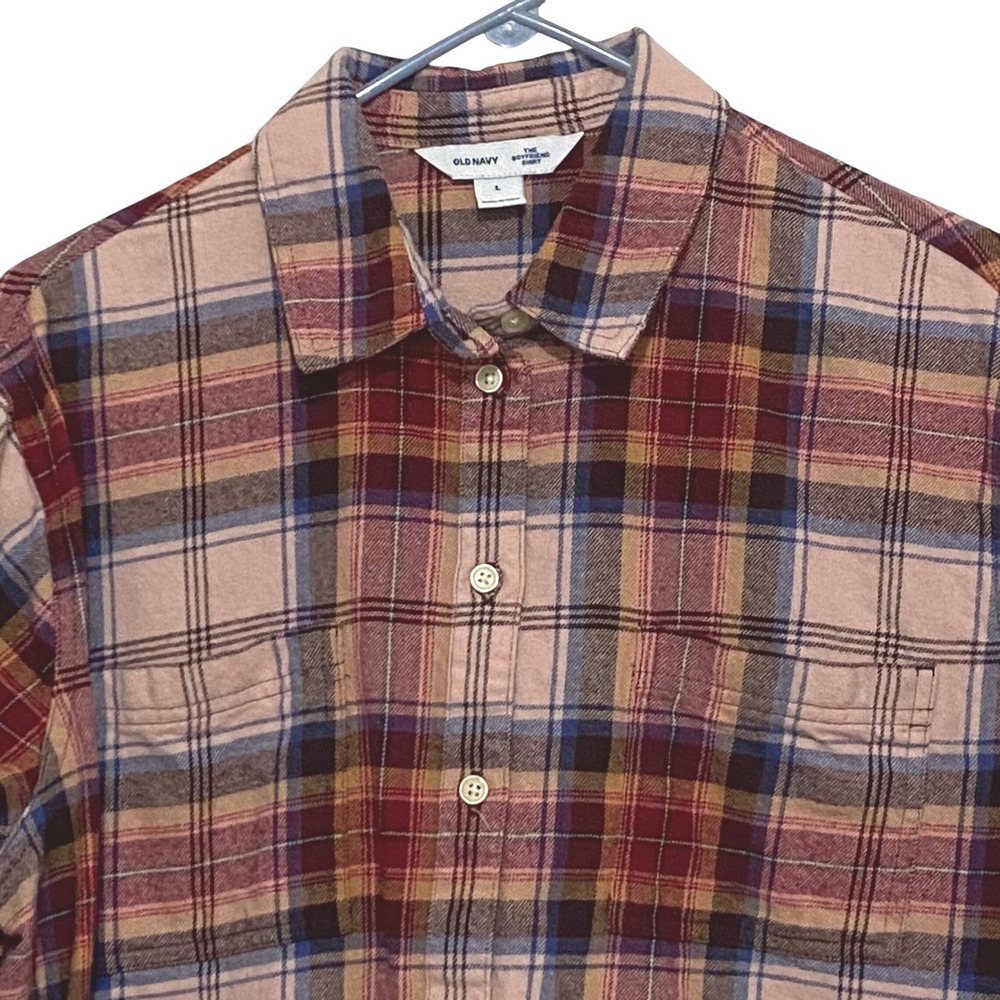 Old Navy‎ The Boyfriend Shirt L Plaid Pink Gorpcore Outdoors Granola Girl Soft